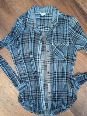 Lucky Brand 100% Cotton Gauze Blue Gray Plaid Button-Down Shirt